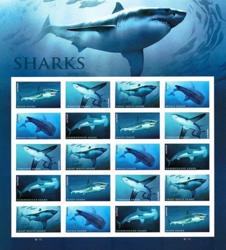 USA 2017 Stamps MNH Sharks Sheet of 20 Cat. #5223-5227