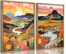 2Pcs Framed Boho Colorful Mountain Canvas Wall Art Abstract Sunrise and sunse...