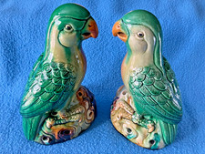 SANCAI STYLE Pottery Parrot Pair 9" Birds China Amber Green Cream Glaze