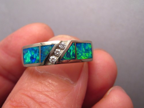 Men's Opal and Diamond Ring , Solid 14 k White Gold , size 12 - Picture 7 of 9