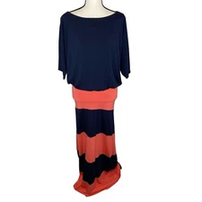 GO COUTURE Maxi Dress Blouson Stretch Blue & Pink Women’s Large Small Striped