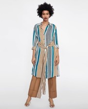 ZARA WOMEN'S BELTED MULTI STRIPE SHIRT DRESS SIDE SLITS 3/4 SLEEVE  2863/173 L