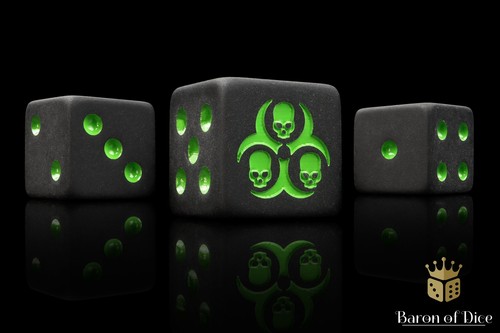 Black Plague Wargaming Dice - Resin D6s - Black with Green Symbols - Picture 4 of 9