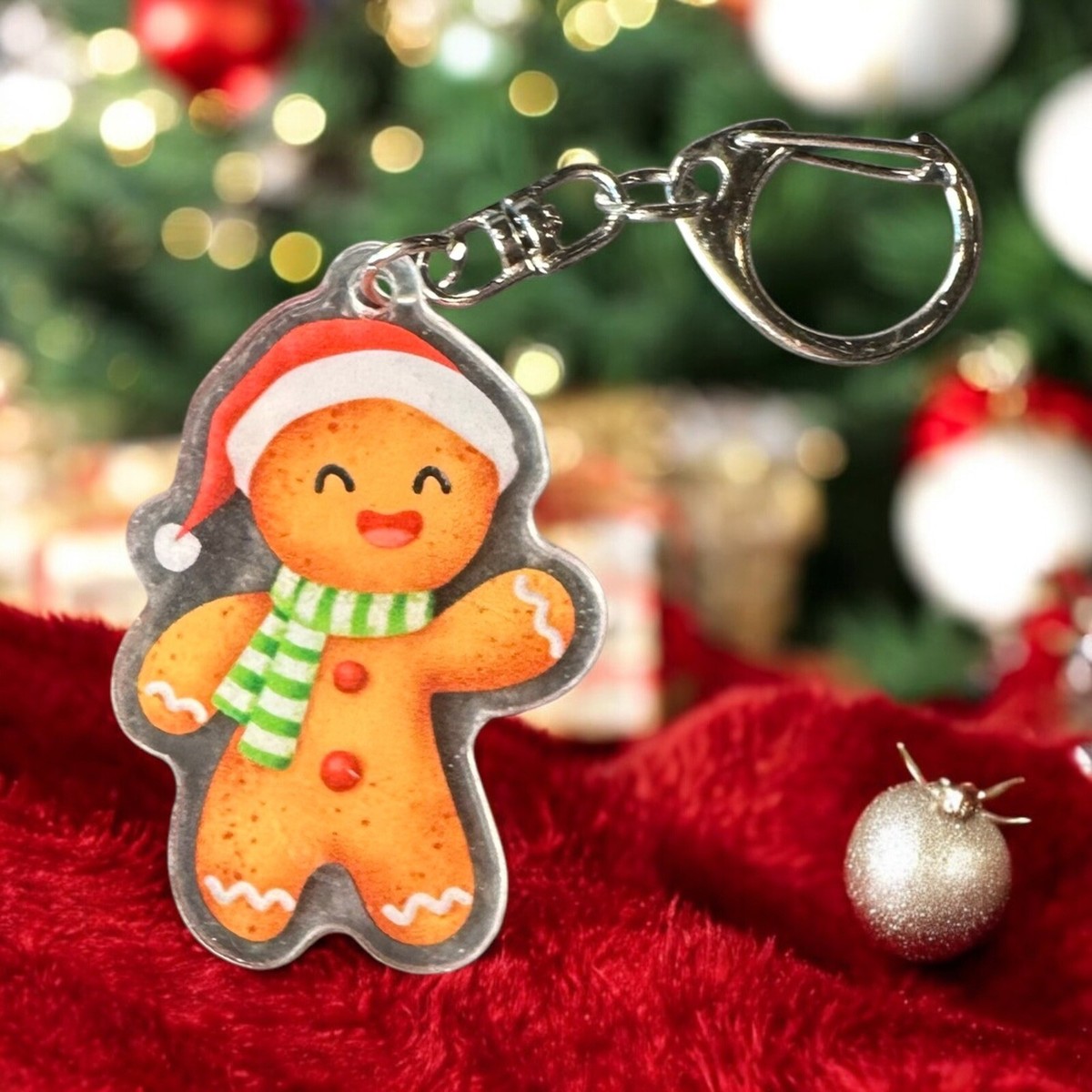 Gingerbread Bag Charm Keychain Key Fob Acrylic Christmas Santa Hat