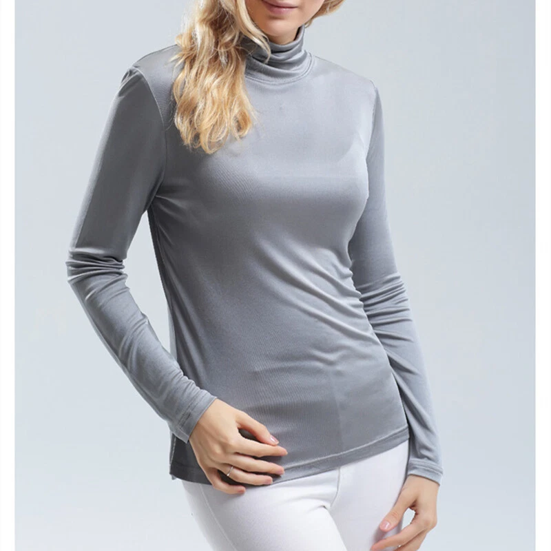 Camiseta Top Capa Mujer Cuello Alto Seda Morera Ligera Elastizada Manga Larga Foto 3 de 4