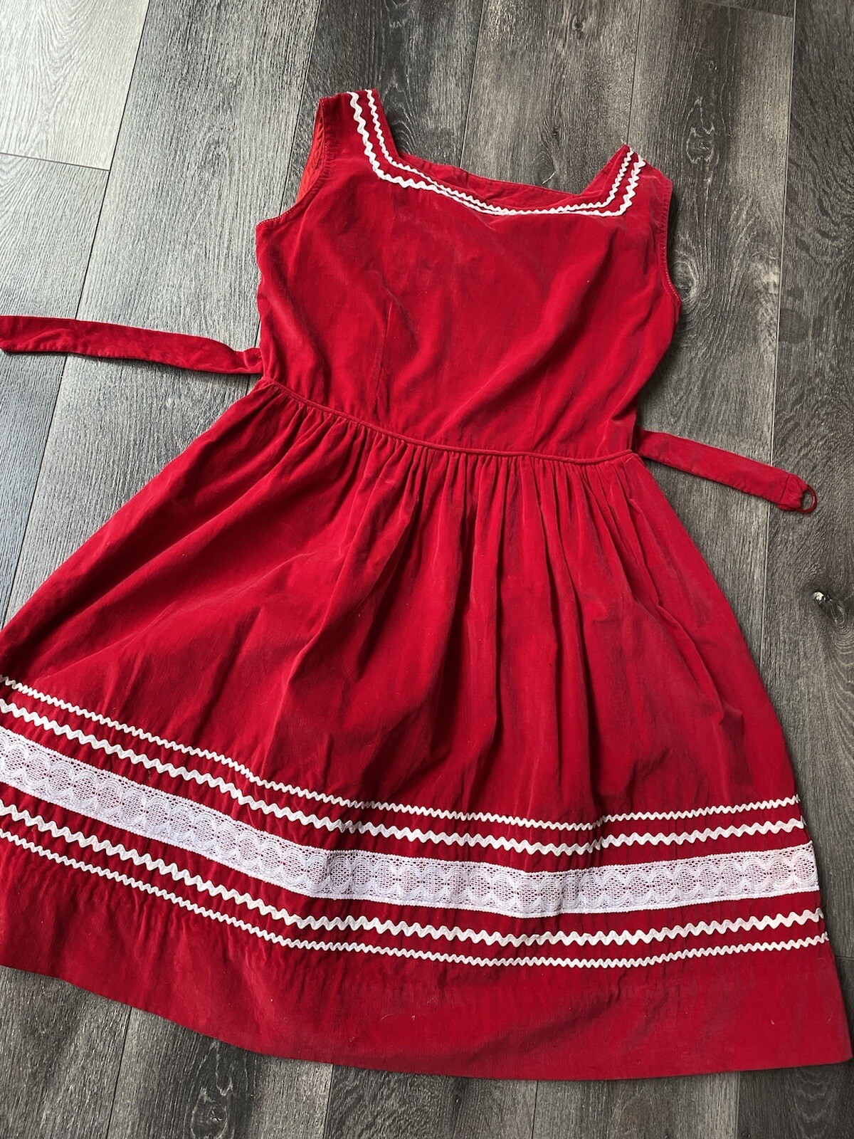 Vintage Girl's Red Velvet Jumper Dress White Rickrack… Gem