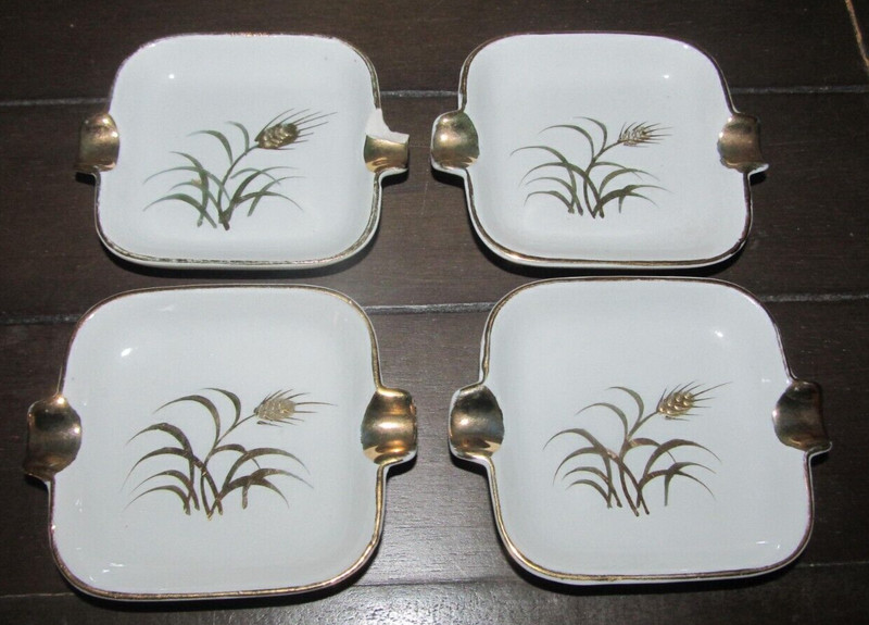 Lefton Ashtrays Set of 4 Wheat Stalk Highlights Vintage Small (NO HOLDER)