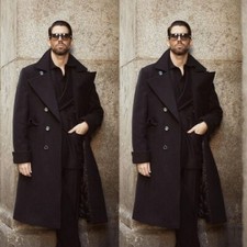 Black Men's Overcoat Cashmere Wide Lapel Double Breasted Outdoor Warm Long Coat