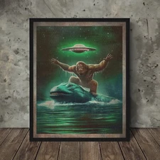 Vintage LOCH NESS BIGFOOT UFO Wall Art, Nessie Sasquatch Cryptid Nautical Decor