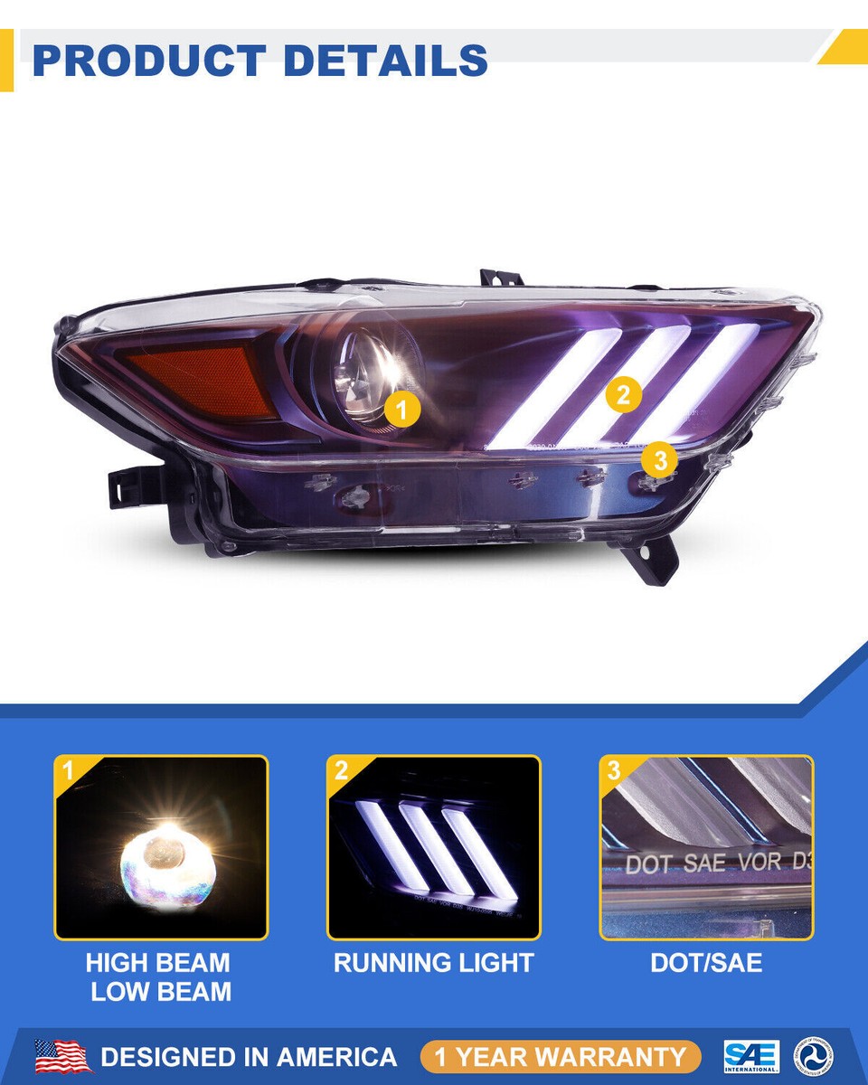 Passenger Right Projector Headlight For 2015-17 Ford Mustang HID/Xenon LED Lamp