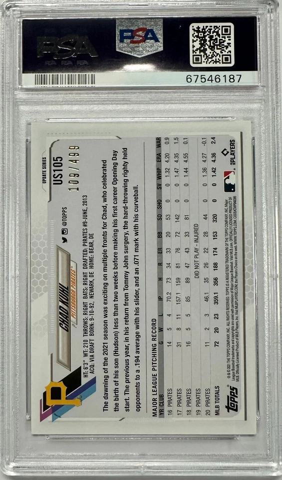 Chad Kuhl 2021 Topps Update Green Foil Parallel #US105 PSA GEM MINT 10 POP = 2 - Image 2 of 2