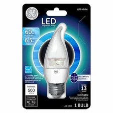 GE Led Bulb Decorative Medium Base Lighting 60w / 6.5w Soft White Flame Tip