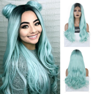 Mint Green Dark Roots Synthetic Lace Front Ombre Black To Green Natural Wave Wig Ebay