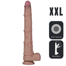 16 inch XXL Realistic Bendable Silicone Suction Cup Dildo with Balls Brown/Flesh