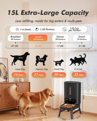 Automatic Dog Feeder Large Breed 15L/ 63 Cups Anti-Clog Dog Food
