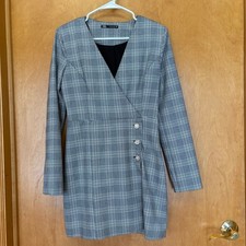Zara Plaid Mini Dress Women S Grey Glen Check Rhinestone Button Wrap V-Neck