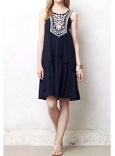 Anthropologie Maeve Navy Floral Embroidered A-Line Dress Cotton Sleeveless 2
