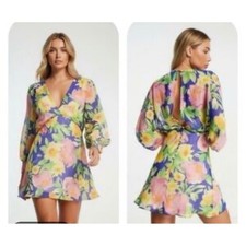 ASOS DESIGN Purple Floral V-Neck Open Back Mini Dress Long Sleeve Size 0
