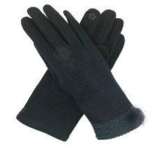 Women Fashion Gloves Soft Fleece Lined Fur Pom Pom & Lace Trim Touchscreen Glove