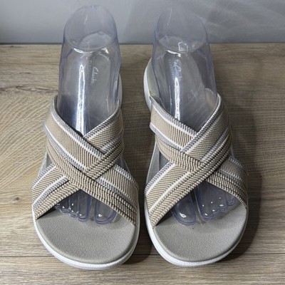 Clarks Cloudsteppers Arla Kaylie Taupe Sandal Striped Slide Comfort Platform 9