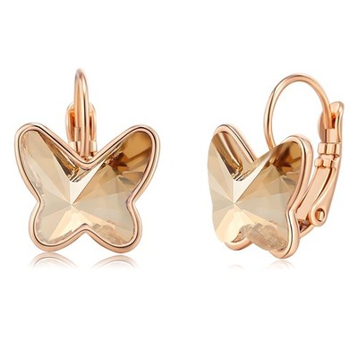 Trendy Austrian Crystal Butterfly Drop Leverback Earrings for Women 14K Rose Gol