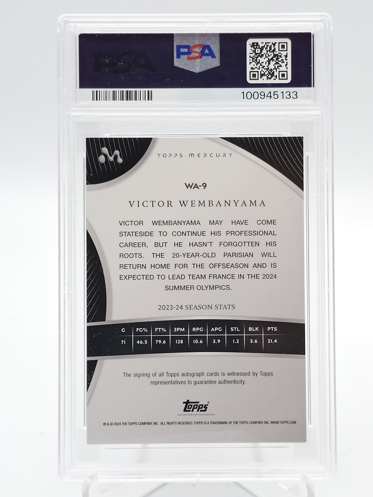 VICTOR WEMBANYAMA 2023-24 TOPPS MERCURY BLUE /75 REFRACTOR RC AUTO PSA 9 Q4935 view 2