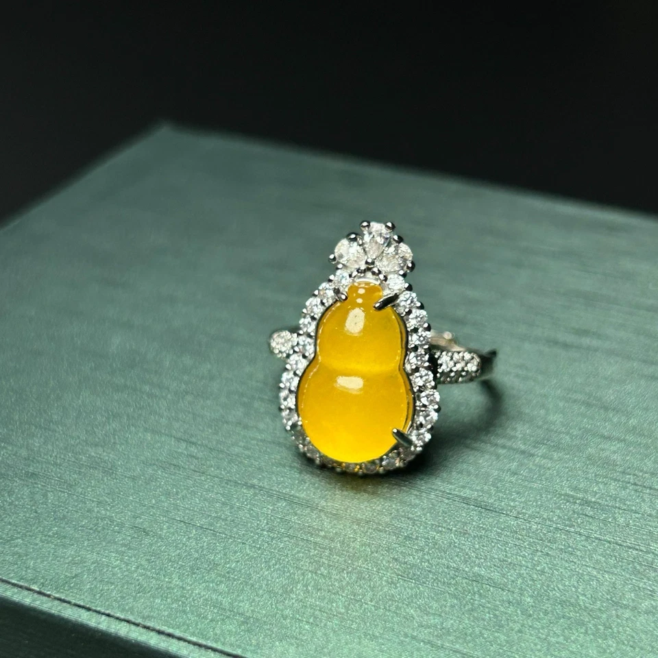  Nature inlay ice yellow Burmese Jade Jadeite adjustable Amulet Rings Foto 4 de 4