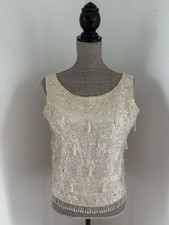 Vintage Beaded Ivory Beaded Sequins Wool Top Made In Hong Kong
