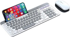 Grey White Wireless Keyboard and Mouse Combo with Phone Tablet Holder-Rechargeab