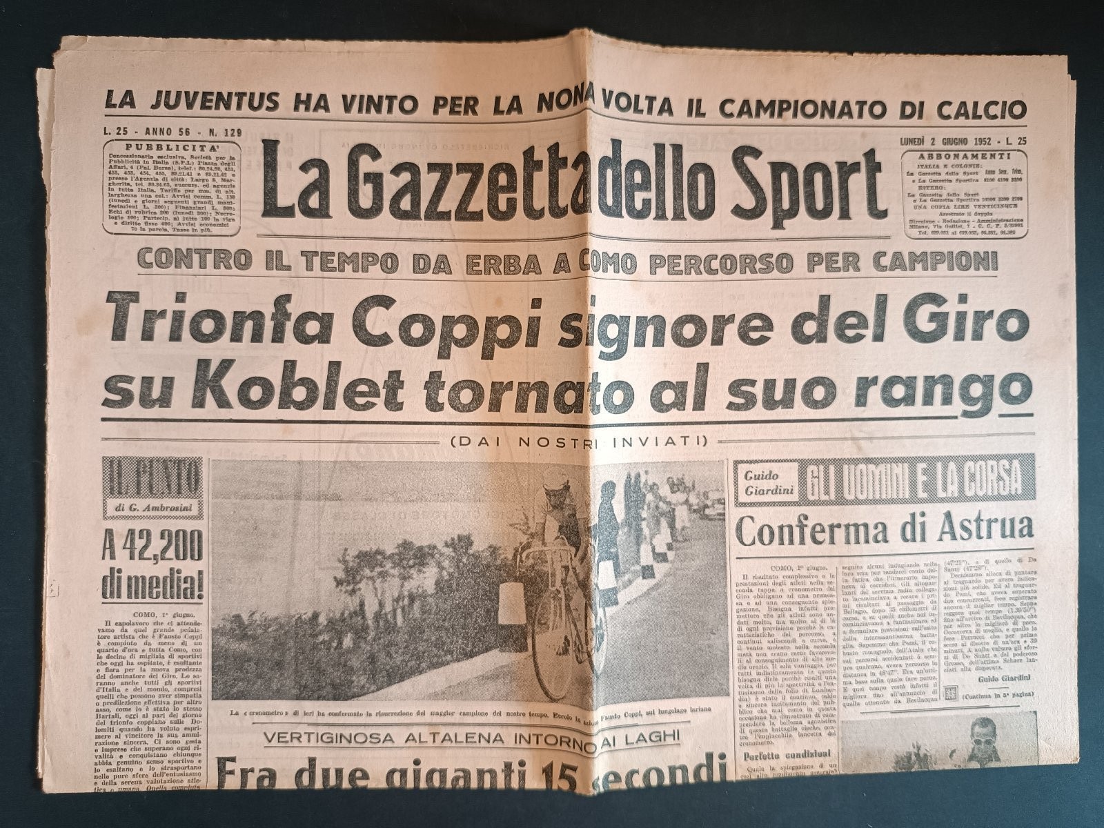 Giornale La Gazzetta dello Sport 2 Giugno 1952 N.129 Coppi Juventus