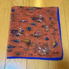 DRAKE'S Pocket Square Beach Scenery Orange Blue 43cm 17" Silk Cotton Italy 343