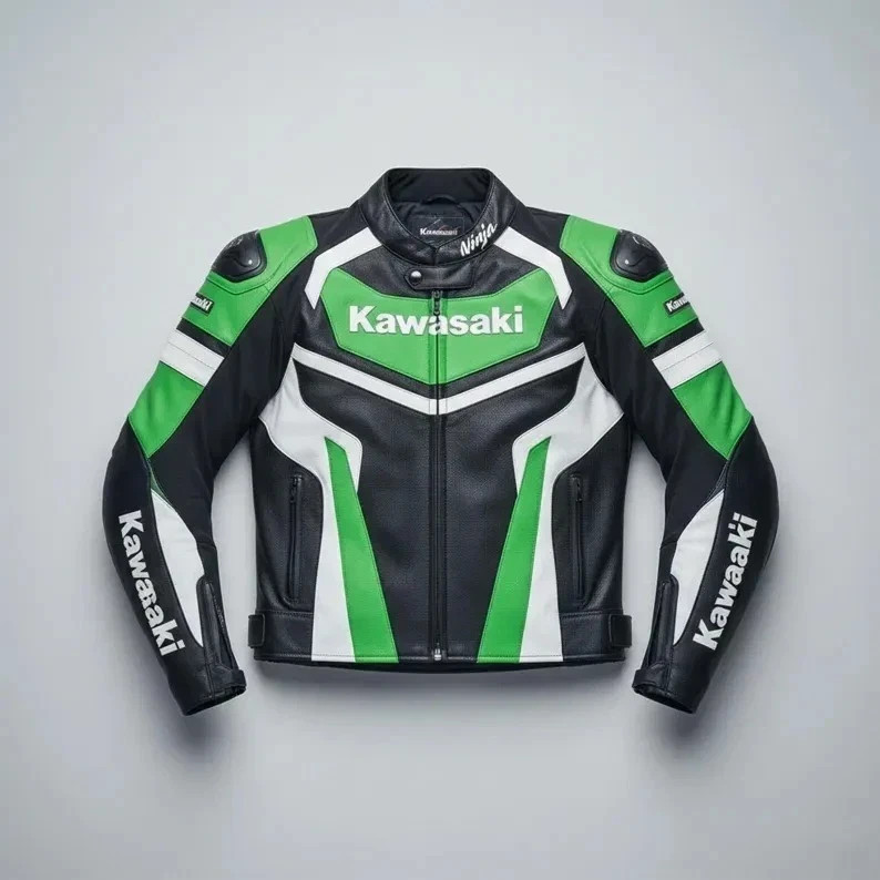 Men's Kawasaki Green Black Leather Motorcycle Jacket Racing Biker