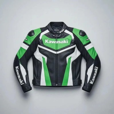 Men's Kawasaki Green Black Leather Motorcycle Jacket Racing Biker
