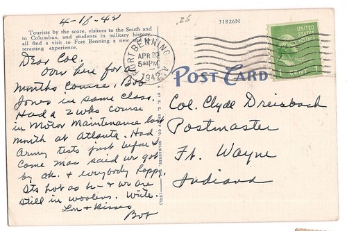 CALCULATOR The DOG MONUMENT Fort Benning Columbus Georgia GA Postcard 1942 Linen - Picture 2 of 2