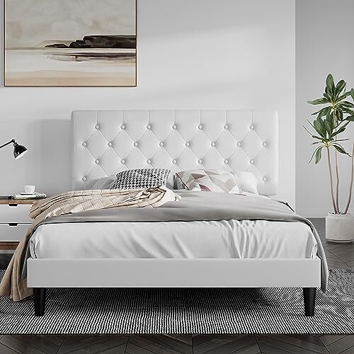 Size Bed Frame with Button Tufted Headboard, Faux Leather Queen White