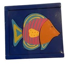 Pier 1 Wood Puzzle Box 6 Colorful Blue Fish Toy Gift NEW