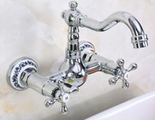 Chrome Brass Bathroom Basin Sink Faucet Wall Mount Dual Cross Handle Mixer Tap