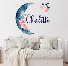 Custom Name Wall Decal with Moon and Flowers - Flower Mural Sticker for Girls