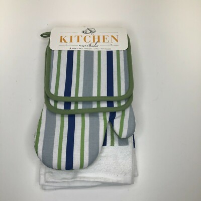 Kitchen Essentials Oven Mitt Towels Pot Holders Striped Design 5 Pieces