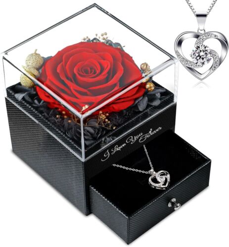 Valentines Day Gifts for Her, Preserved Real Red Rose with Necklace