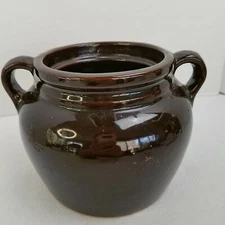 Antique Primitive Pottery Brown Glaze Handled Bean Pot/Upcycled Wine Chiller USA
