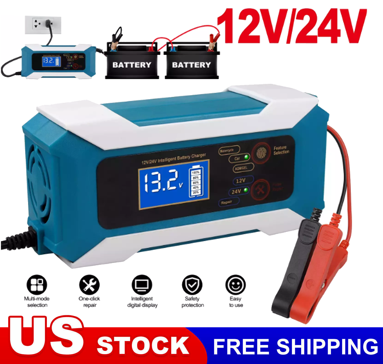 12V Smart Car Battery Charger Automatic Lifepo4 Repair Maintainer Trickle