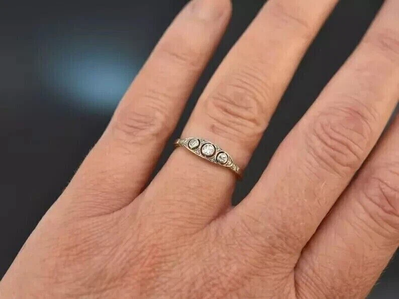 Art Deco Wedding Band Ring Round Cut Simulated Diamond In 14k Yellow Gold Plated - Image 4 of 4