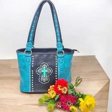 American Bling Western Tooled Leather Turquoise Rhinestone Studded Purse Bag