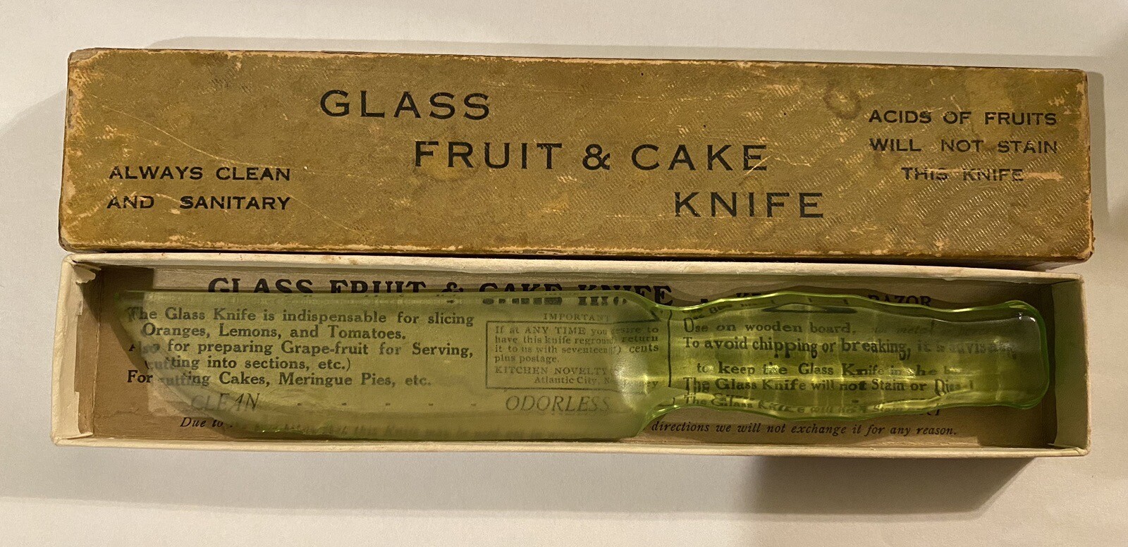 Antique Vintage Vaseline Uranium Glass Knife w/ Box Kitchen Novelty Co