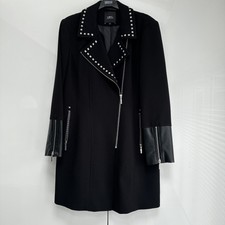 Ladies Black Coat Size 14 Asymmetric Zip Front, Stud Details To Collar