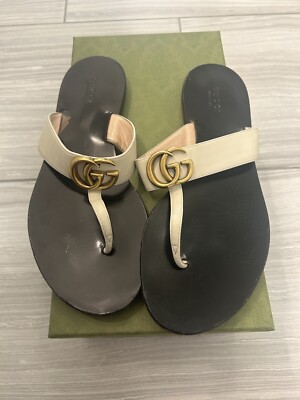 Gucci Lifford T-Strap Sandal, White Leather, Gold GG, Size Box  Included