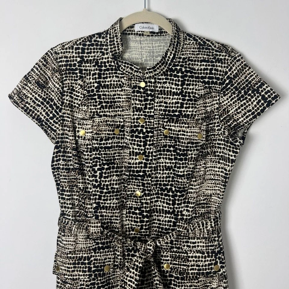 Calvin Klein Animal Print Safari Snap Front Belted Pockets Shift Dress Cotton 12 - Image 3 of 4
