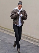 Celebrity Kendall Jenner Brown Aviator Motorcycle A2 Bomber Real Leather Jacket