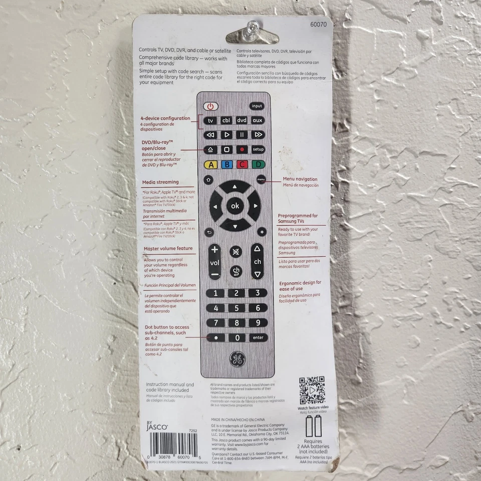 GE Universal Remote Control GE 60070 4 Audio/Video Devices New in Package - Image 2 of 2